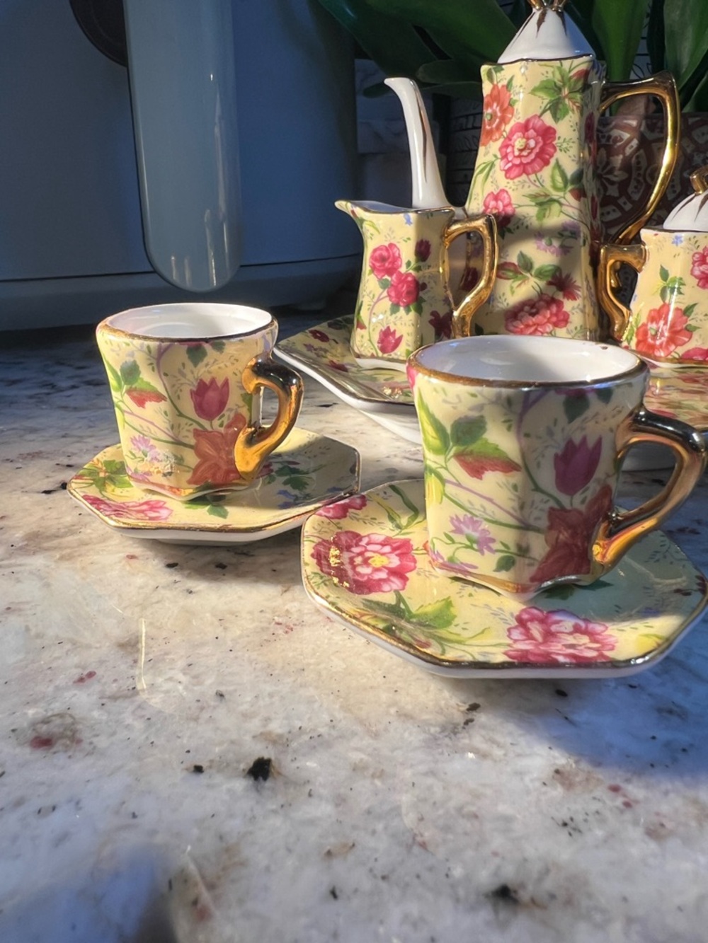 Miniature Decor Chintz Tea Set with Gold Trim - Yellow Floral Pattern - Picture 2 of 10